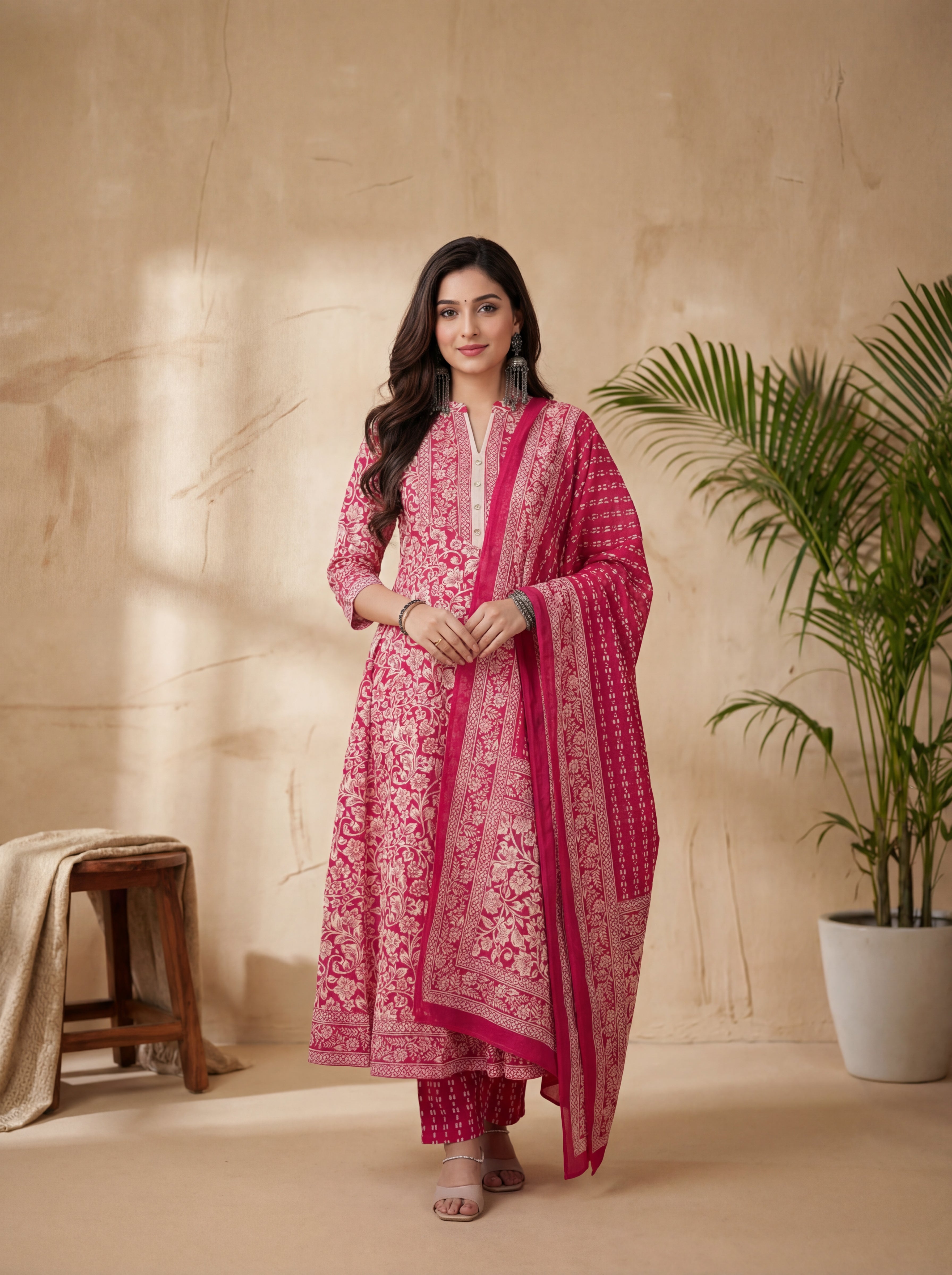 Red & White Cotton Anarkali Suit Set with Floral Print