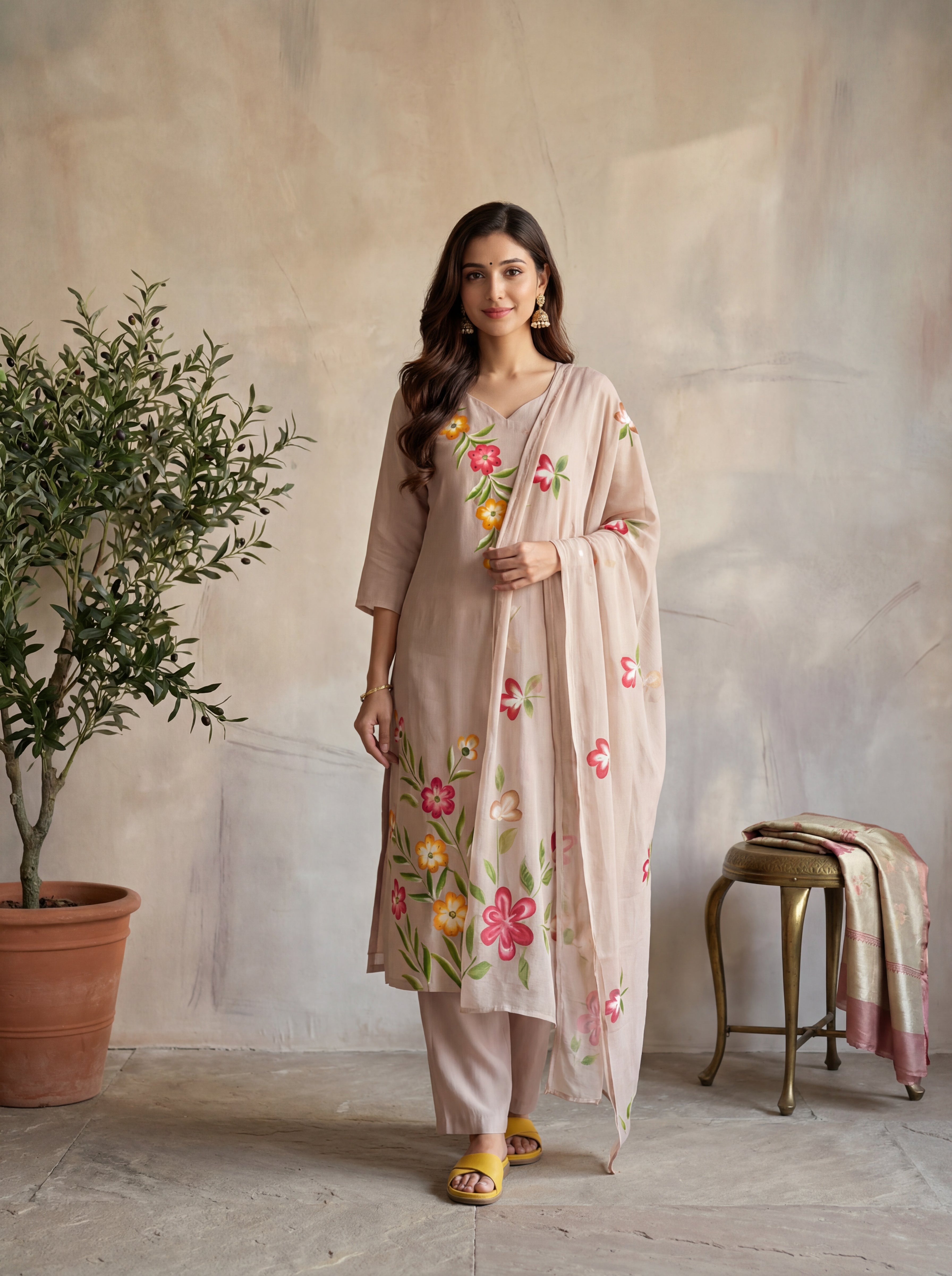 Beige Mul Chanderi Hand-Painted Suit Set