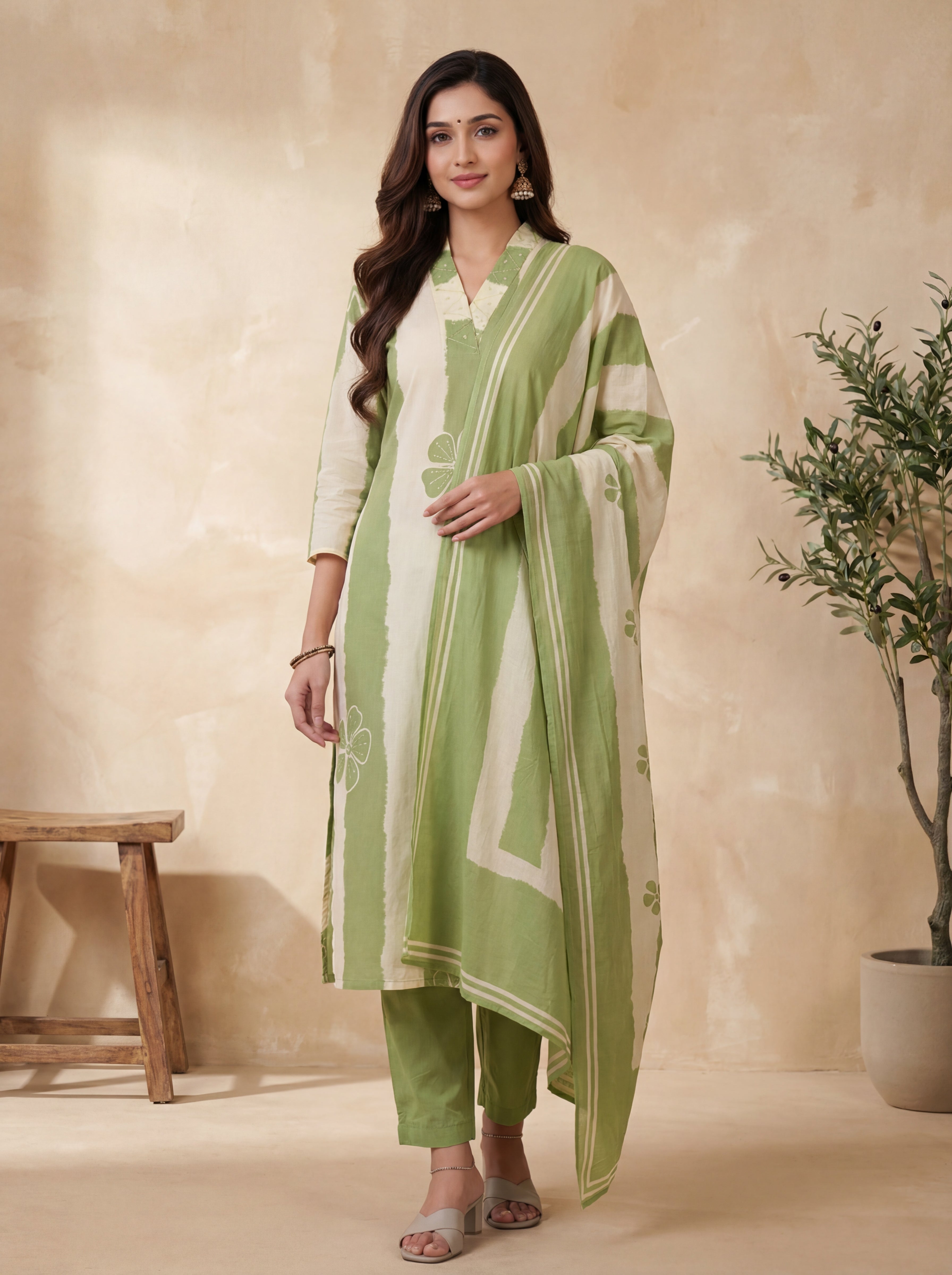 Green and White Cotton Straight Kurta Set with Floral Print