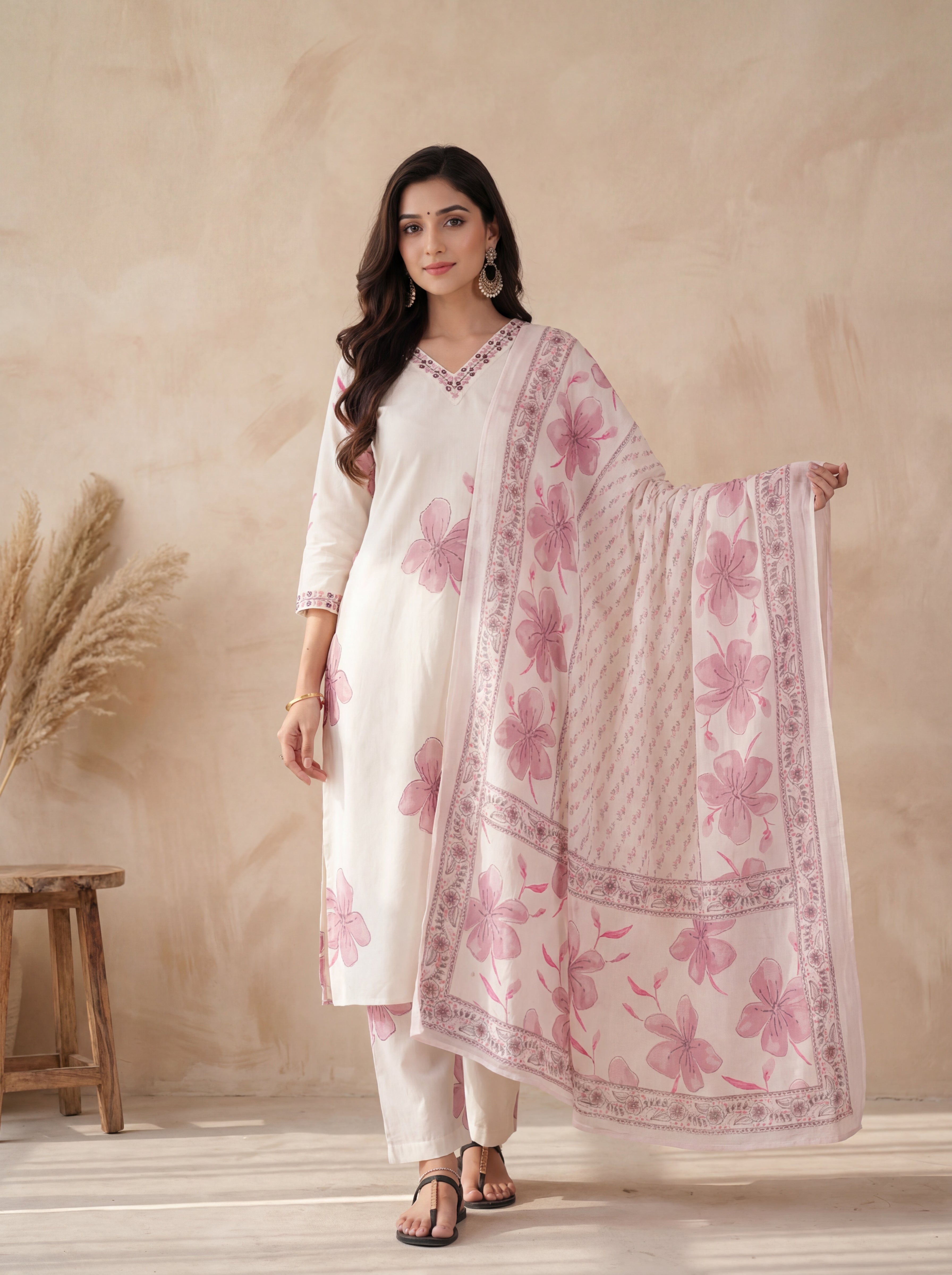 White Cotton Straight Kurta Set with Pink Floral Embroidery and Mirror Work