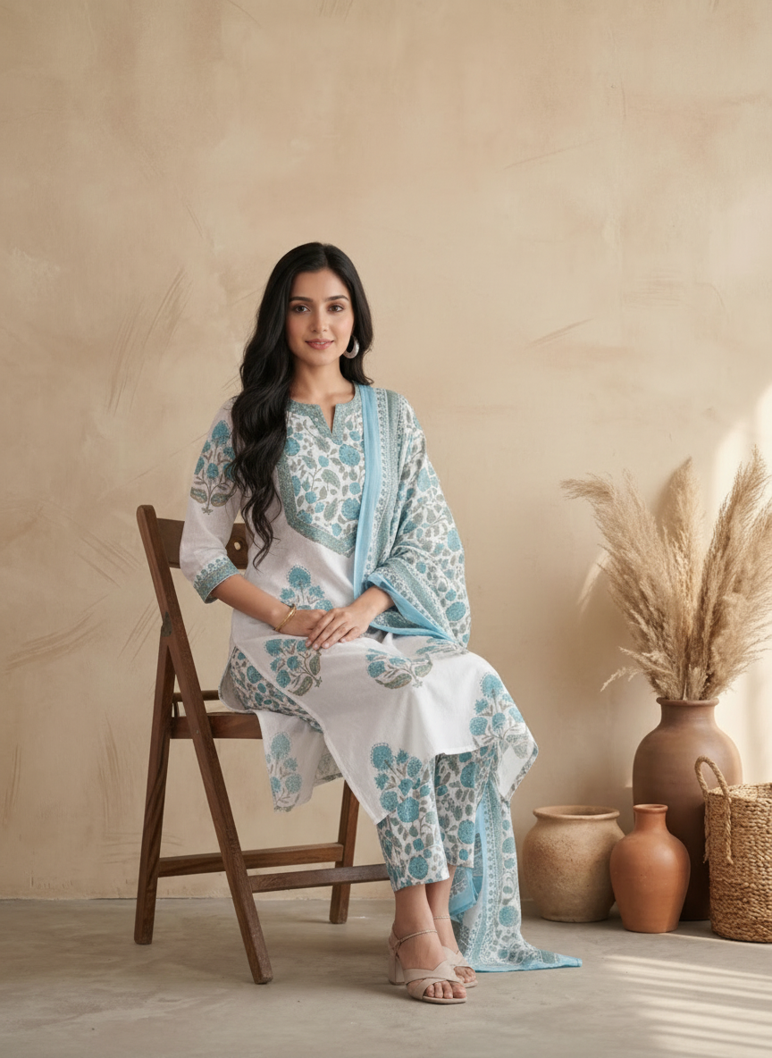 White Cotton A-Line Kurta Suit Set with Blue Handblock Printed Floral Pattern