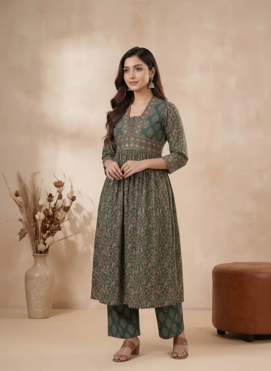 Green & Red A-Line Kurta Suit Set featuring Geometric Print