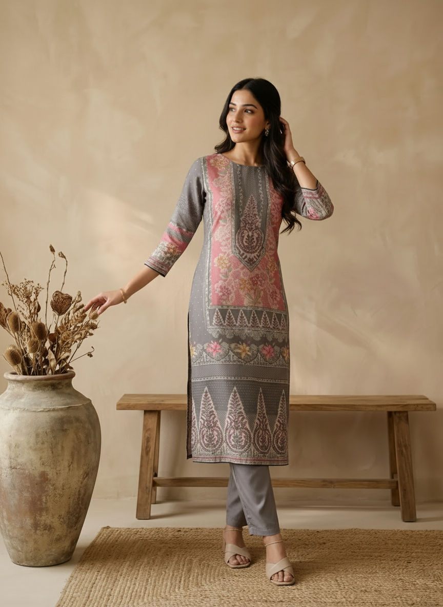 Pink and Grey Moroccan Silk Straight Kurta Pant Set