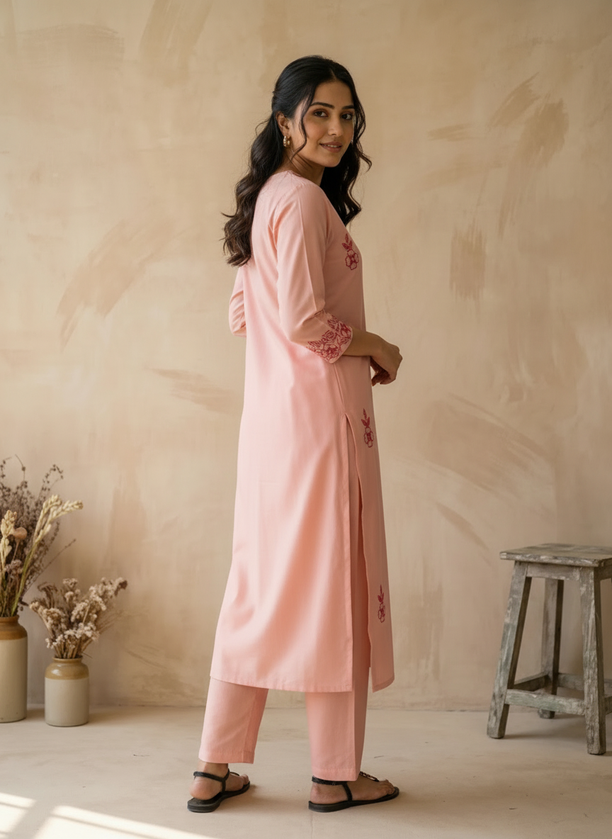 Peach Soft Cotton Kurta Pant Set