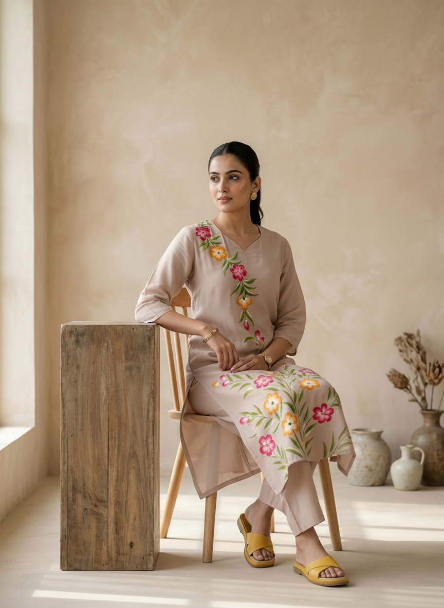 Beige Mul Chanderi Cotton Hand-Painted Kurta Pant Set