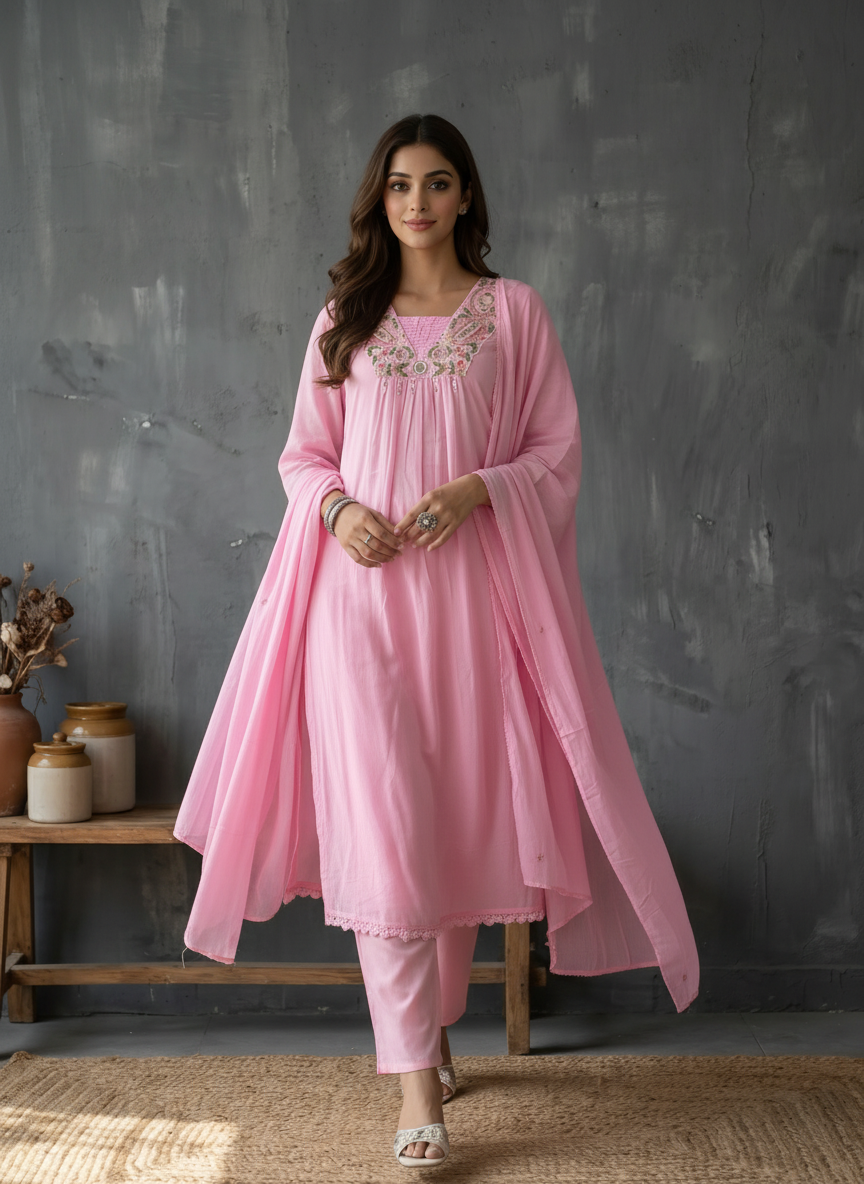 Pink Mirror Work V-Neck Patch Embroidered A-Line Mul Cotton Kurta Set with Mirror Work Dupatta