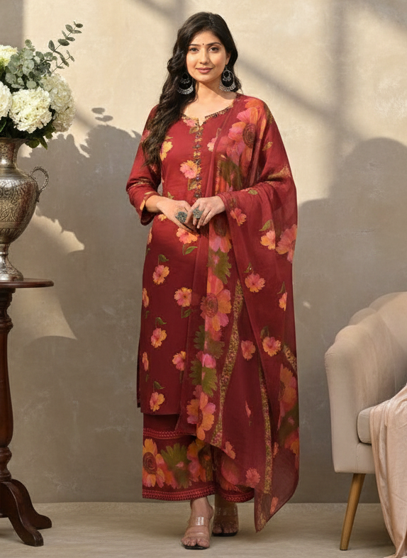 Maroon Cotton Dhabu Handblock Kurta Pant Set with Multicolor Hand Embroidery