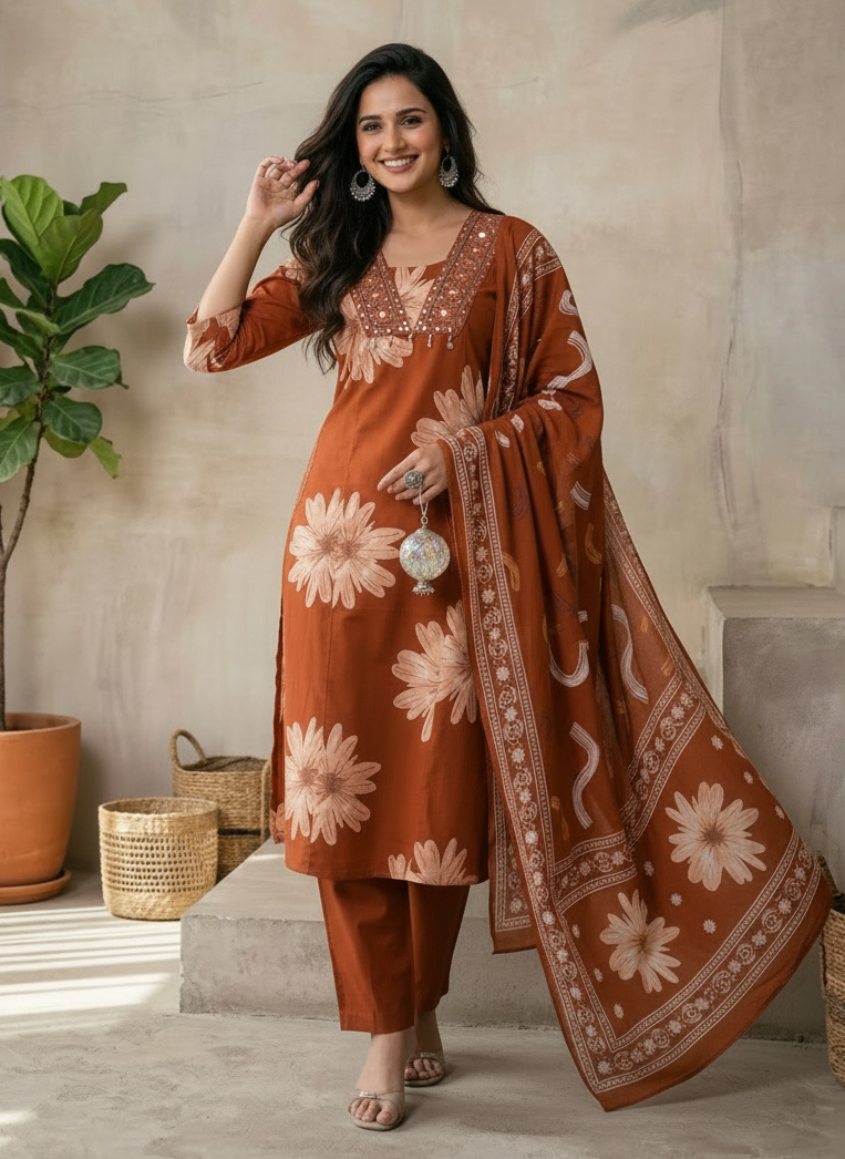 Rust Embroidered Mirror Work Neckline A-Line Kurta Set with Embroidered Pockets