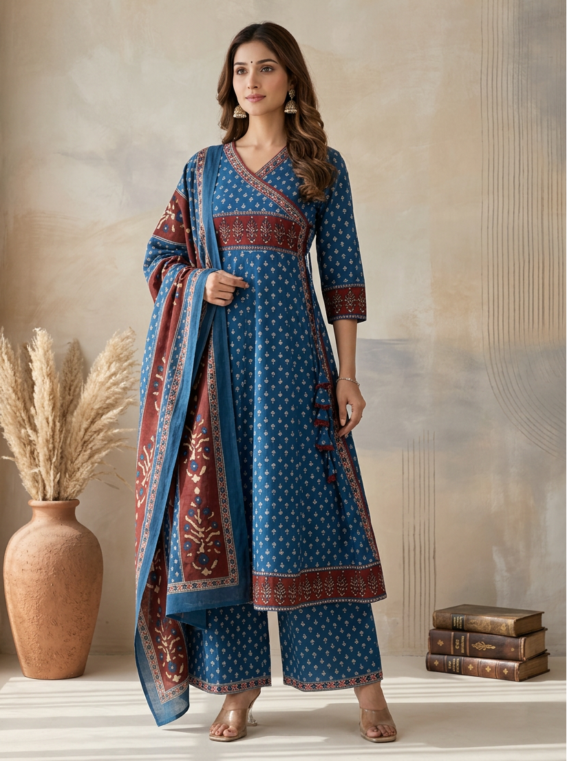 Blue Bagru Print Angrakha Anarkali Kurta Palazzo Set with Floral Butta Motifs