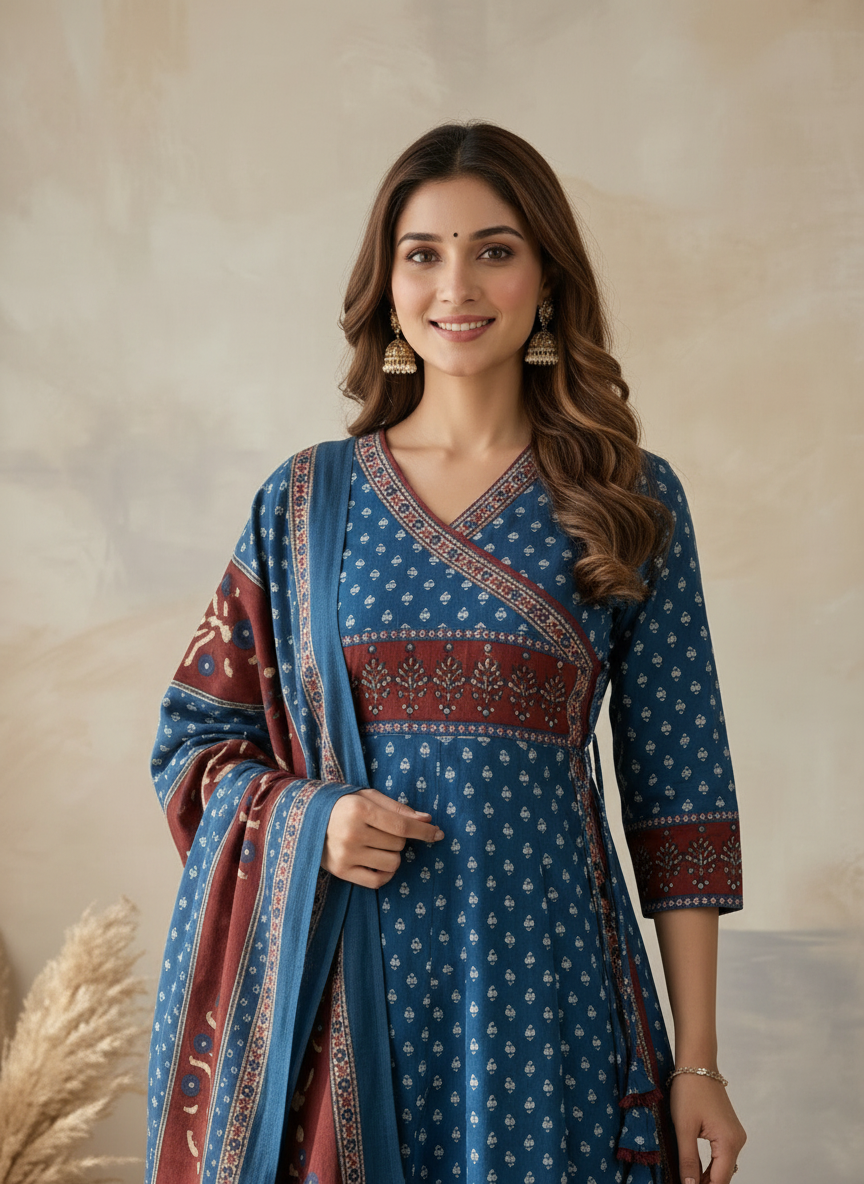Blue Bagru Print Angrakha Anarkali Kurta Palazzo Set with Floral Butta Motifs