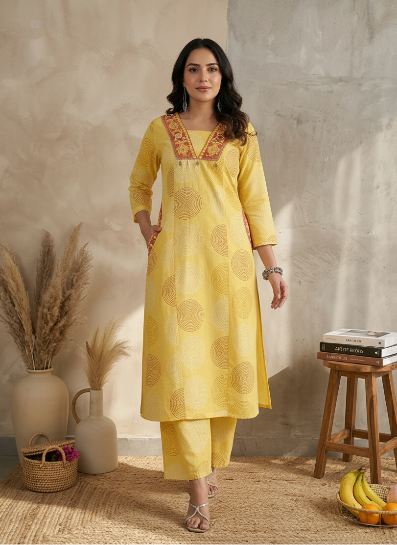 Yellow A-Line Kurta Set with Embroidered Mirror Work Neckline & Embroidered Pockets