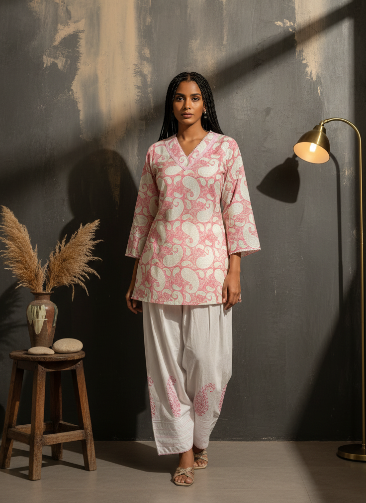 White Pink Paisley Handblock Printed Pure Cotton Farshi Salwar Suit Set
