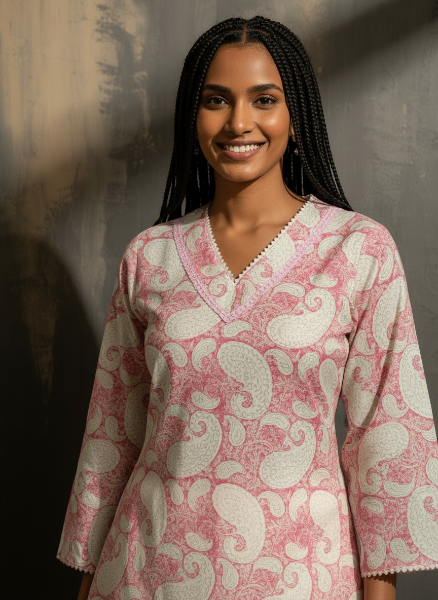White Pink Paisley Handblock Printed Pure Cotton Farshi Salwar Suit Set