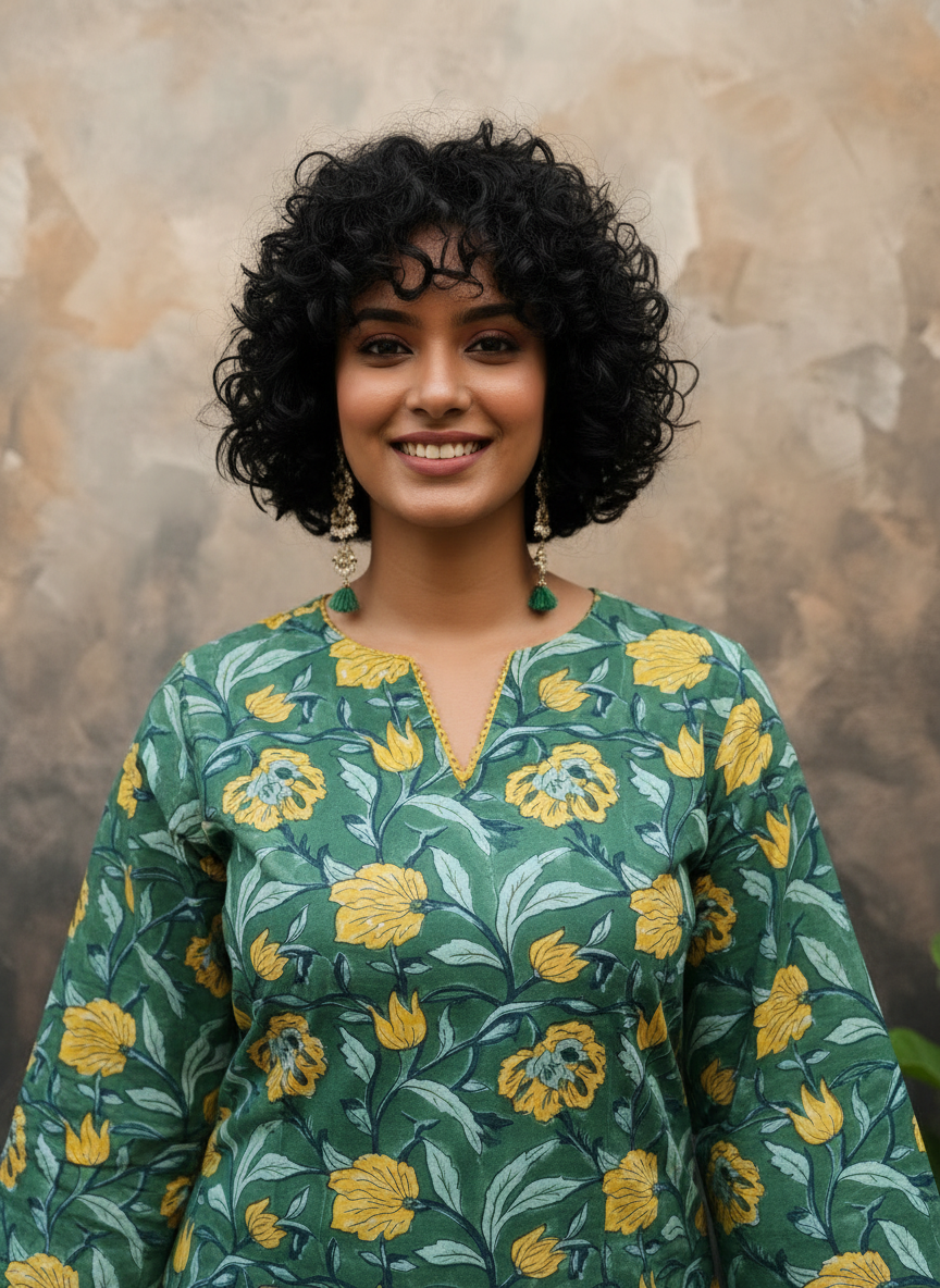 Dark Green Handblock Printed Pure Cotton Farshi Suit Set