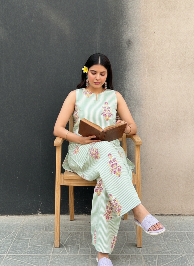 Green Striped Sleeveless Pure Cotton Handblock Print Farshi Suit Set