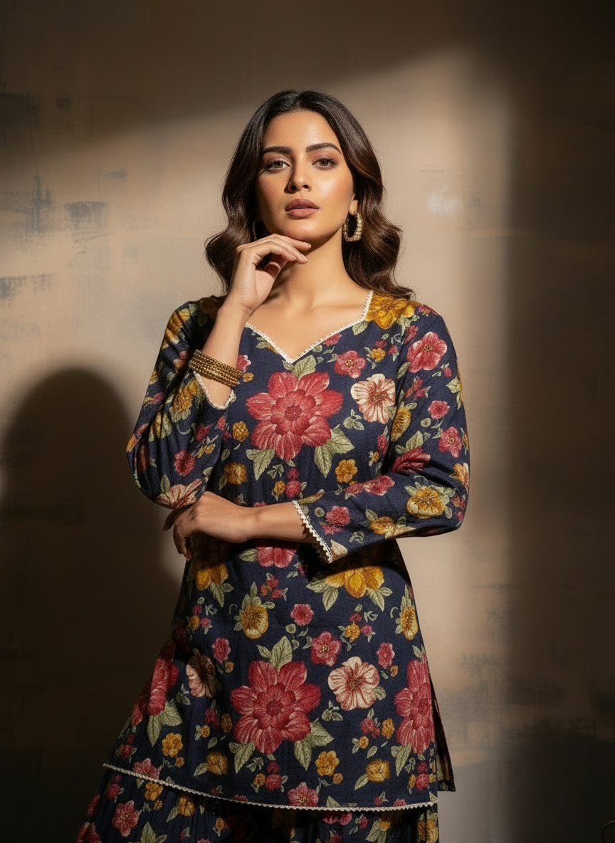 Dark Blue Floral Pure Handblock Cotton Farshi Salwar Set