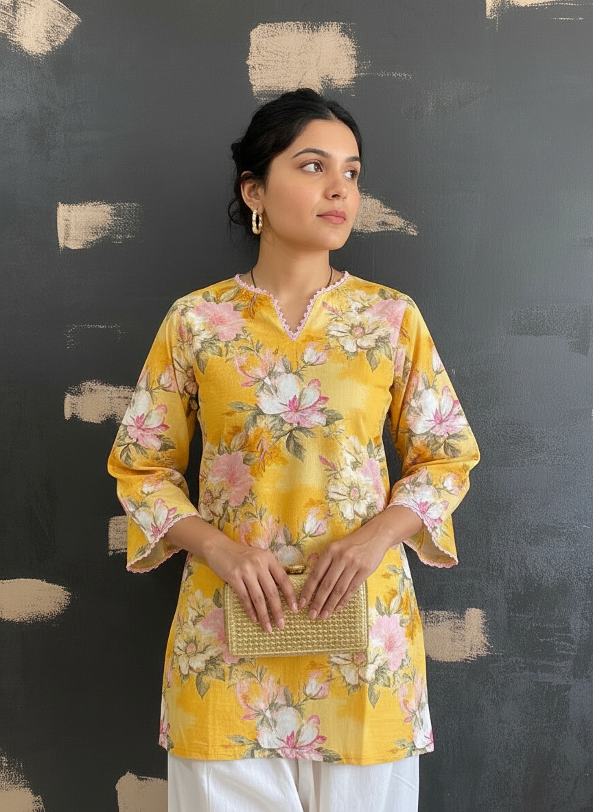 Yellow Floral Handblock Pure Cotton Farshi Salwar Set