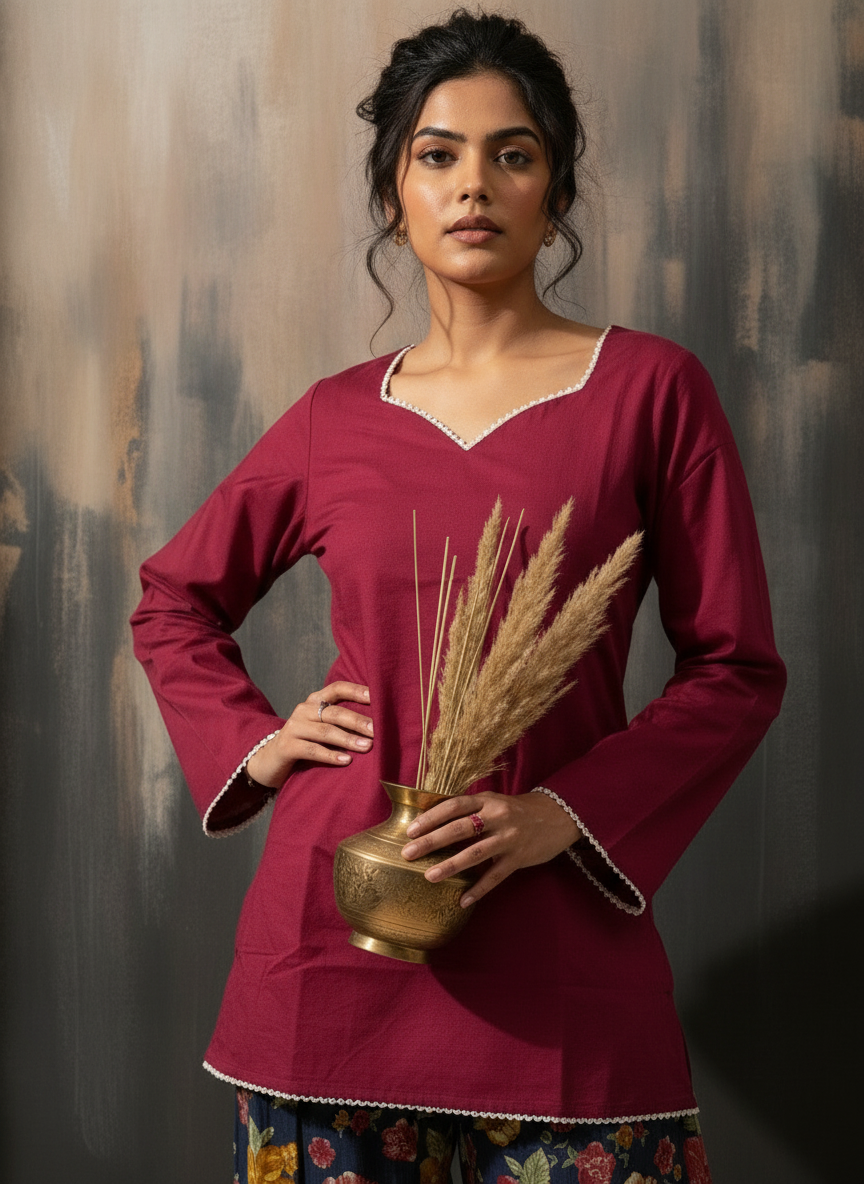 Maroon Solid & Dark Blue Floral Handblock Pure Cotton Farshi Salwar Set