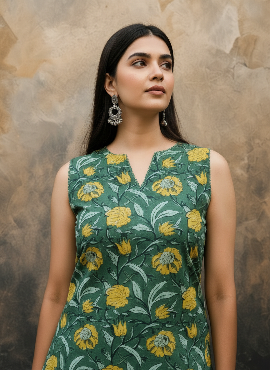 Sayani Sleeveless Pure Cotton Handblock Print Farshi Suit Set