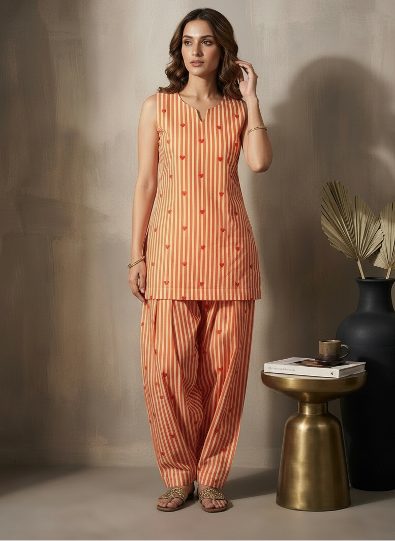 Striped Sleeveless Pure Cotton Handblock Print Farshi Suit Set
