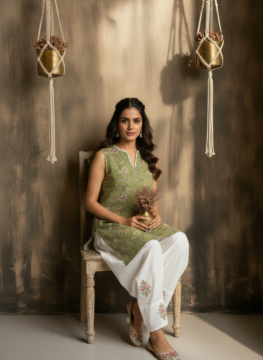 Basanti Sleeveless Pure Cotton Handblock Print Farshi Suit Set