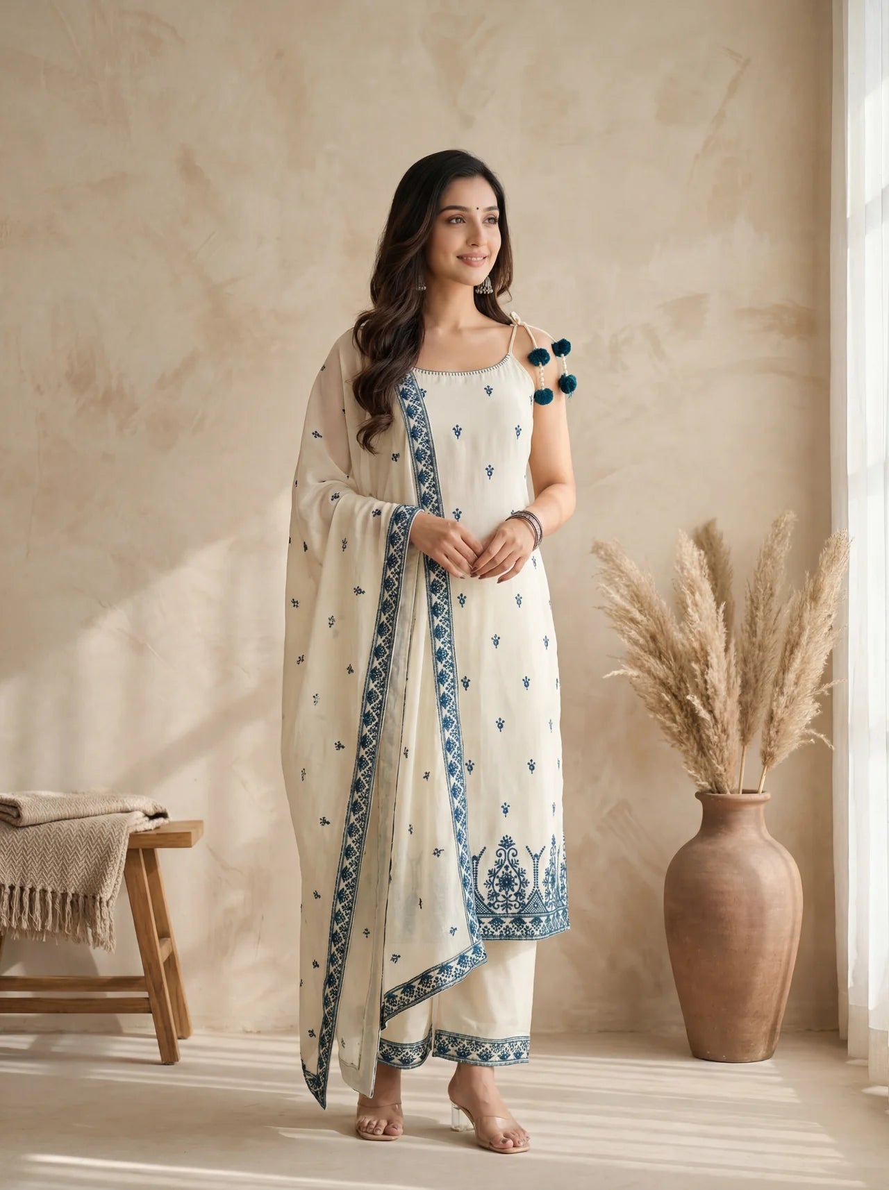 White Thread Work Sleeveless Kurti Set