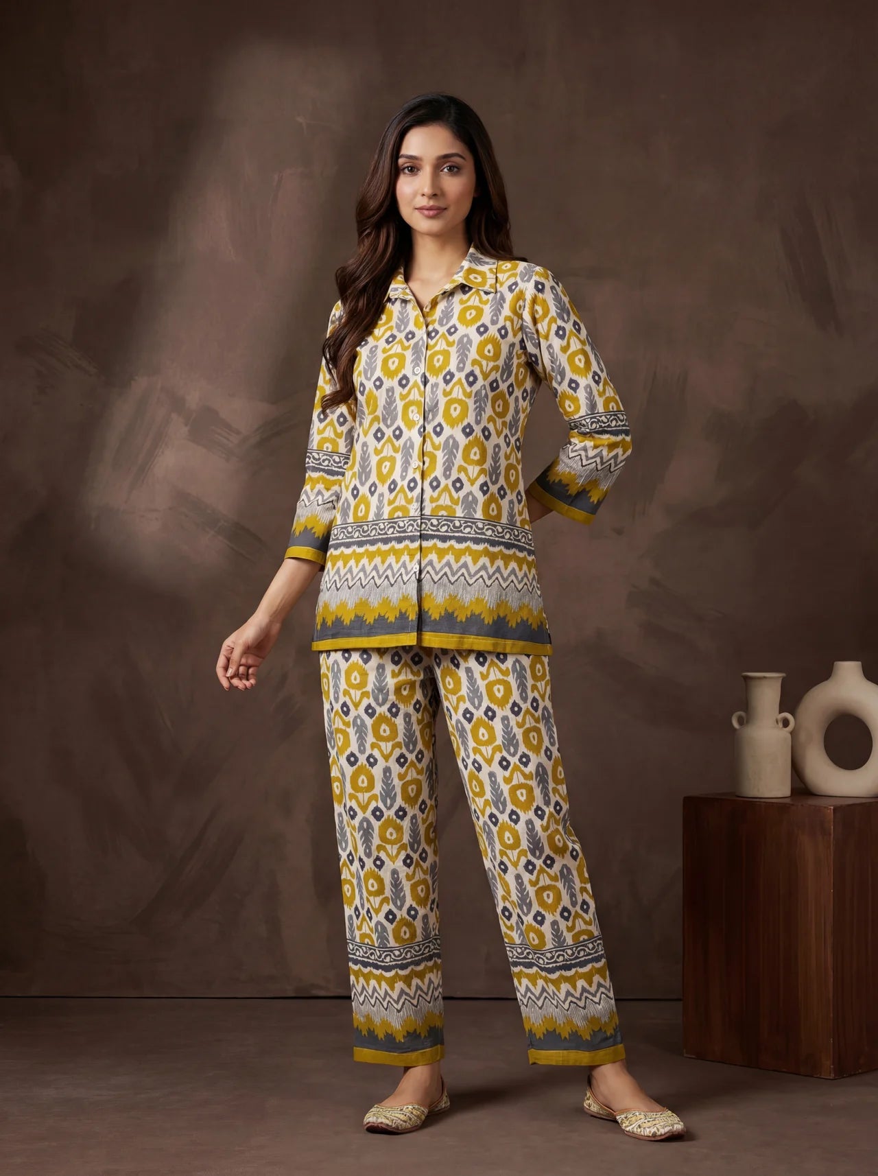 Cream Base Printed Shirt Style Co-Ord Set