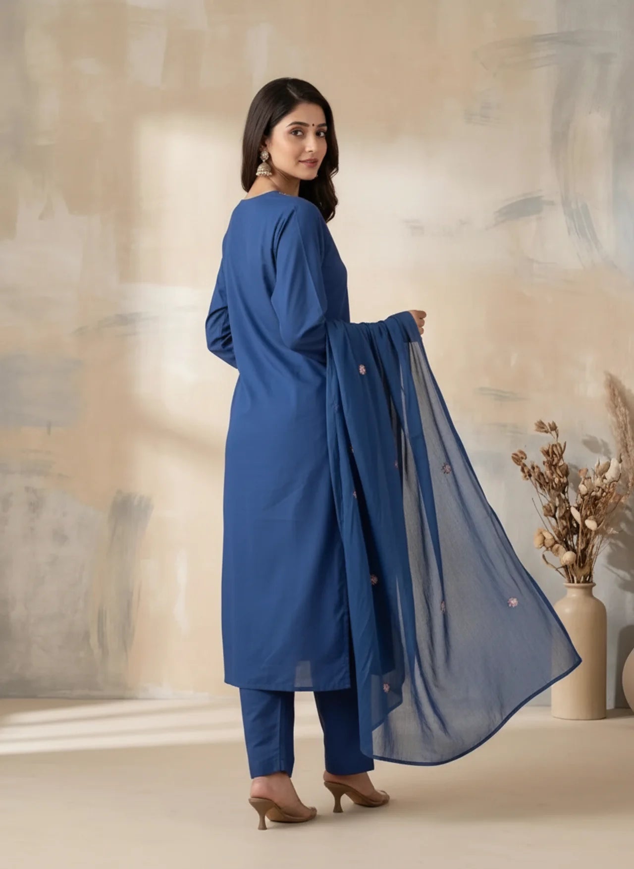 Dark Blue Floral Embroidered Straight Kurta Set