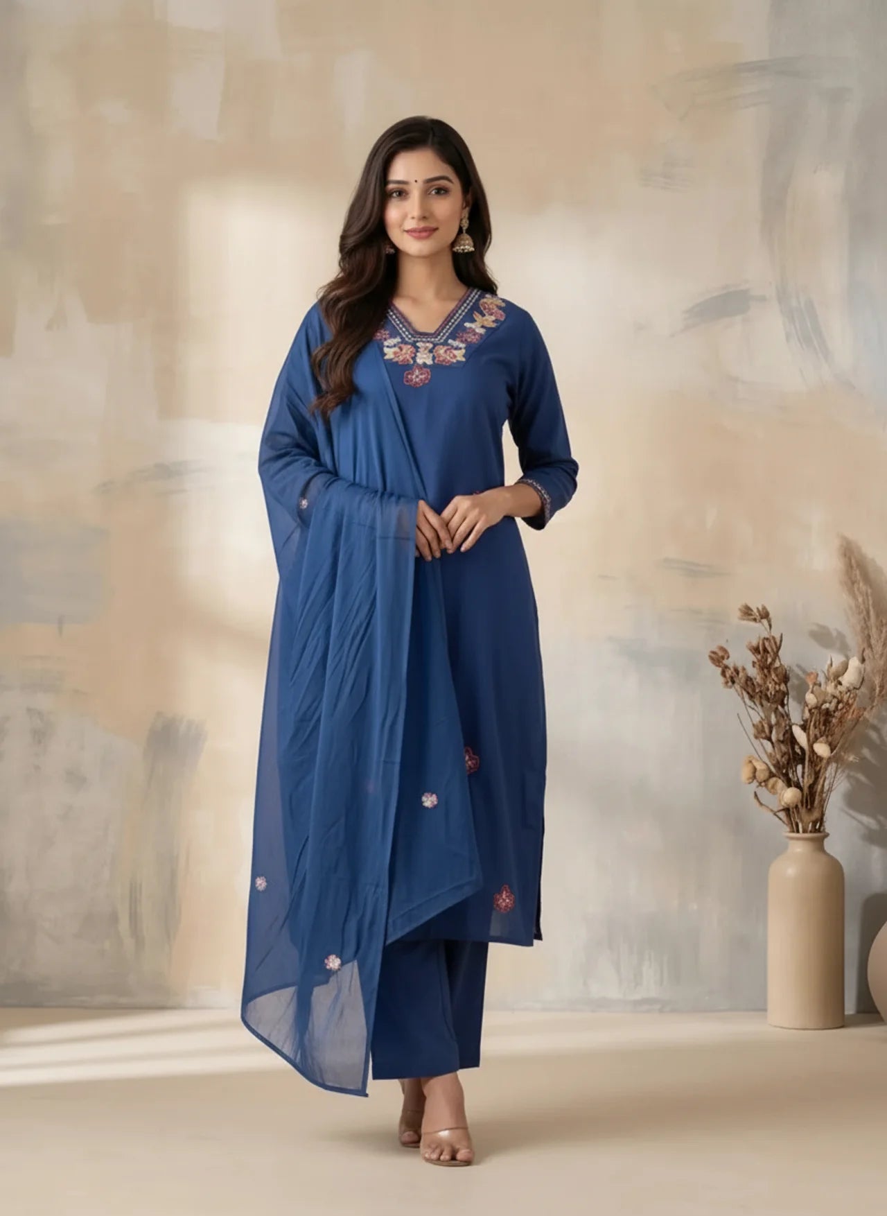 Dark Blue Floral Embroidered Straight Kurta Set