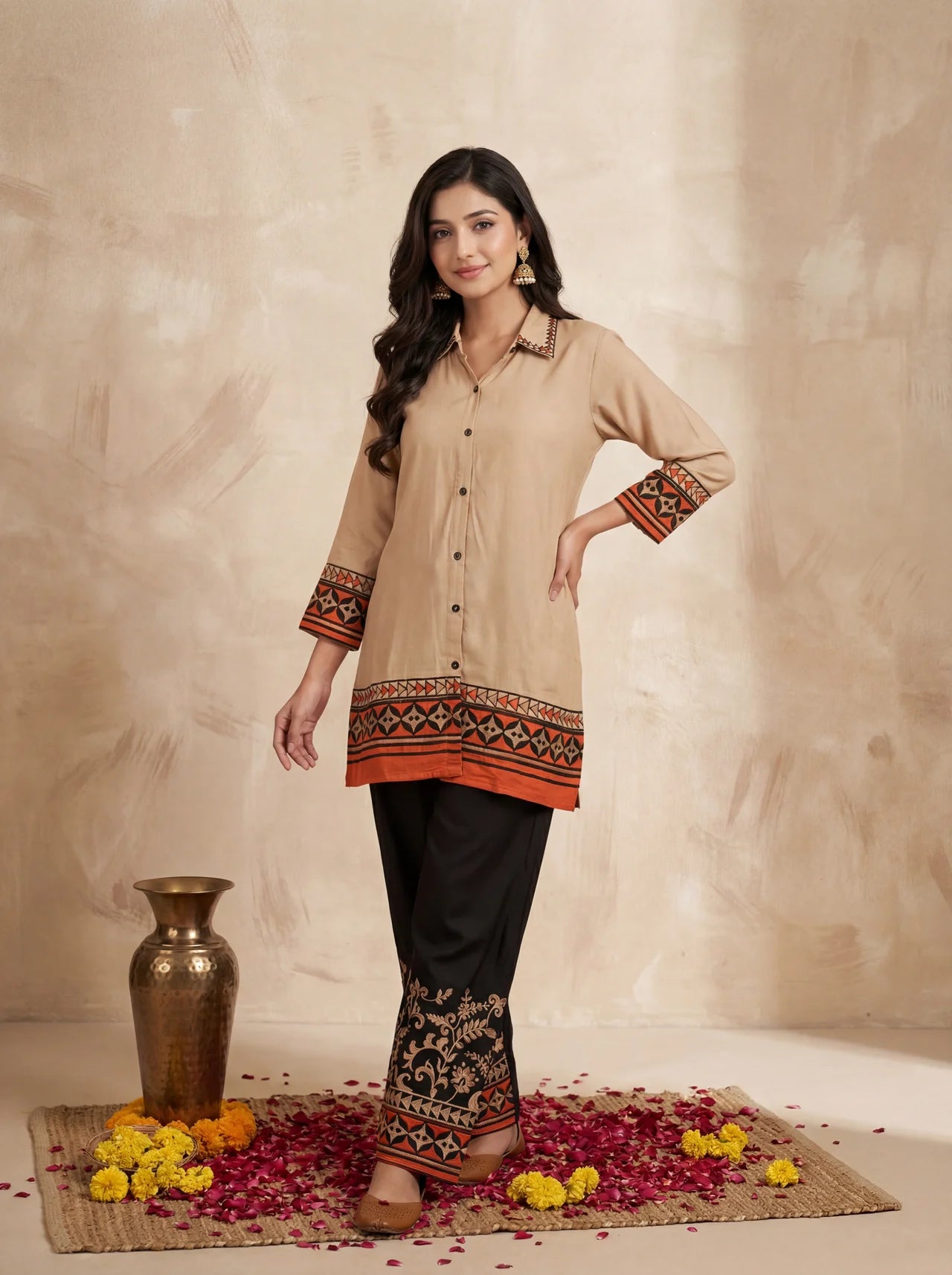 Beige Collared Button-Down Co-Ord Set