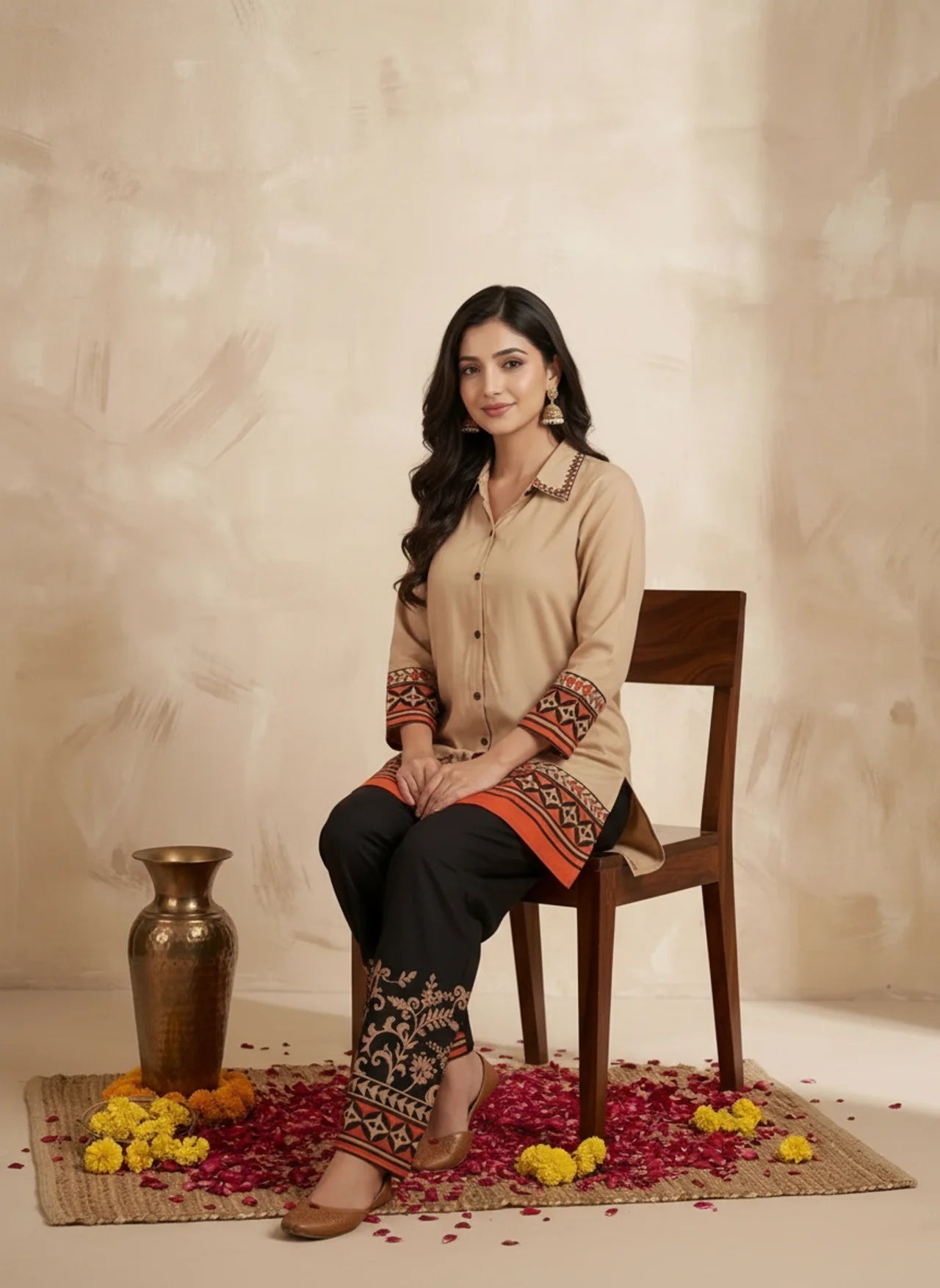 Beige Collared Button-Down Co-Ord Set