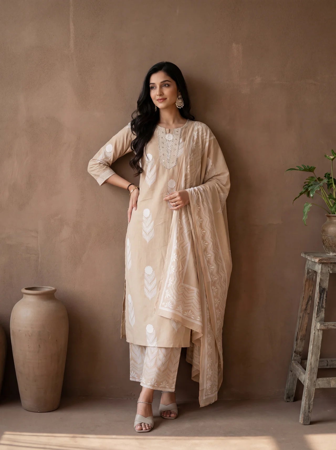 Beige Cotton Straight Kurta Set with White Feather Pattern