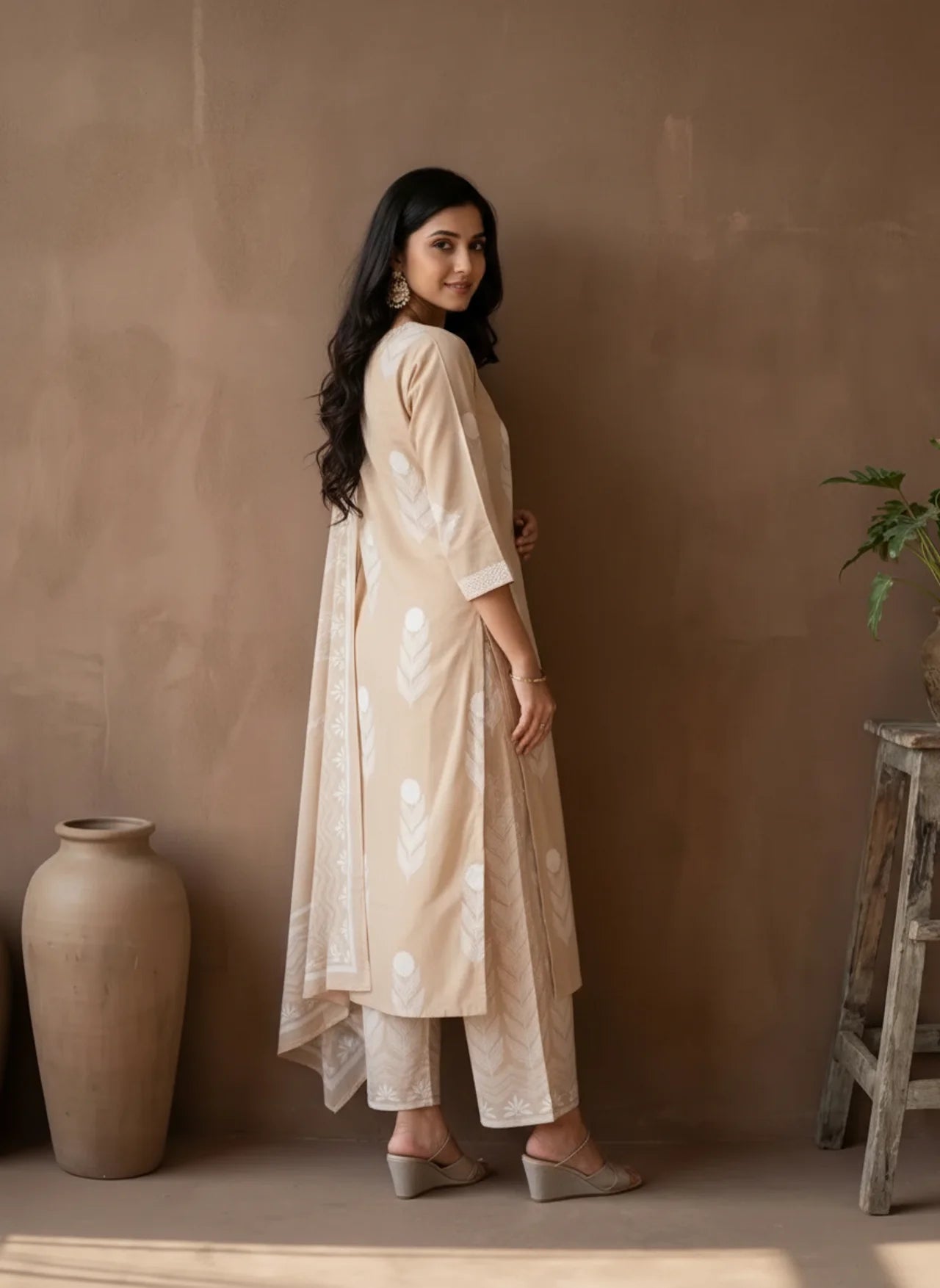 Beige Cotton Straight Kurta Set with White Feather Pattern