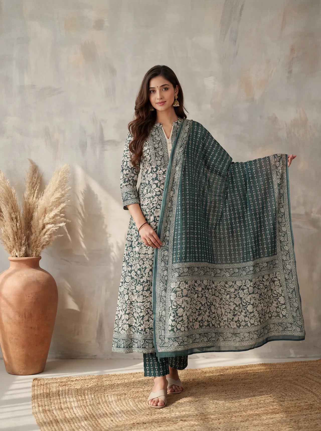 Green and White Cotton Anarkali Suit Set with Floral Print