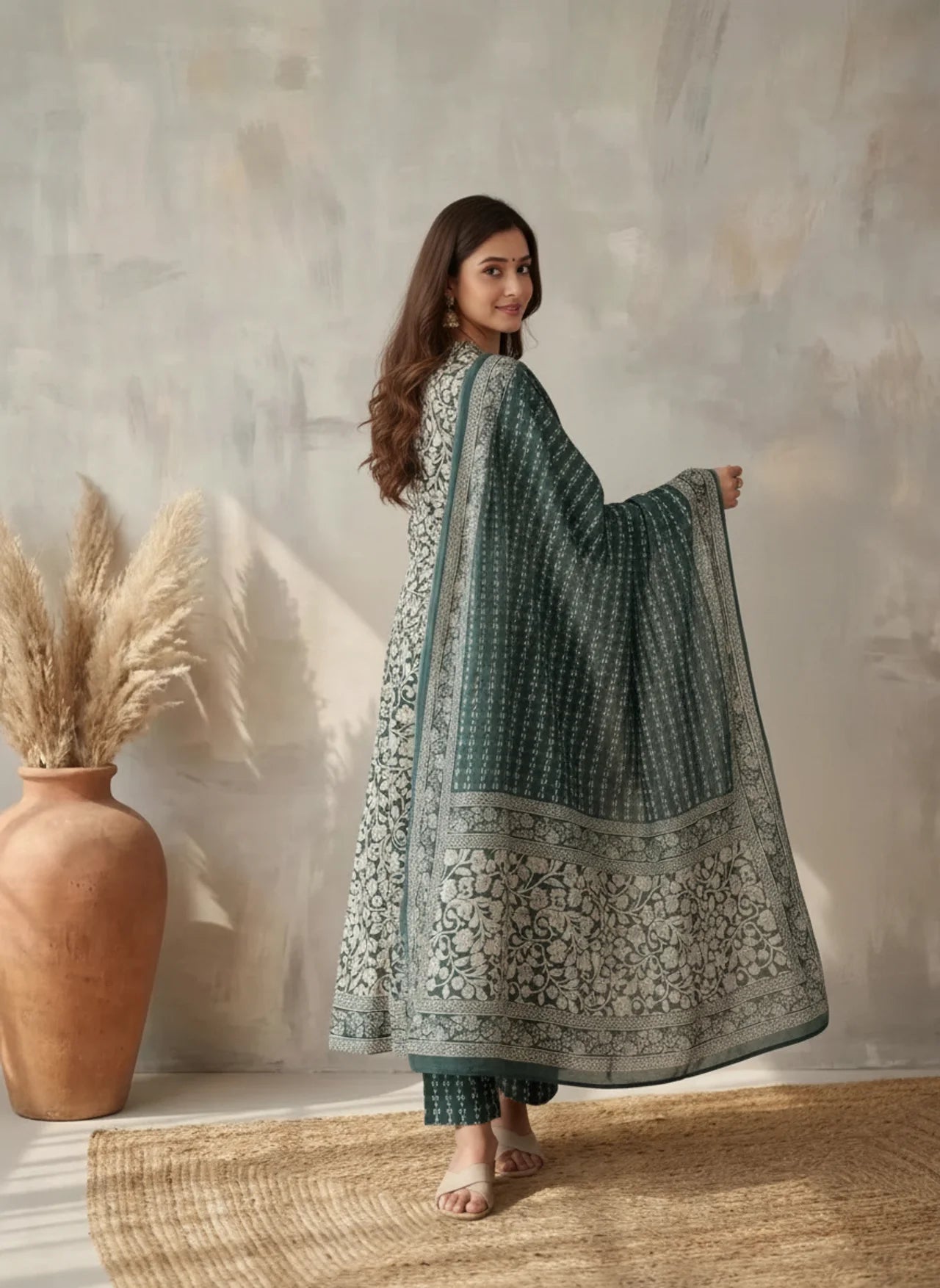 Green and White Cotton Anarkali Suit Set with Floral Print