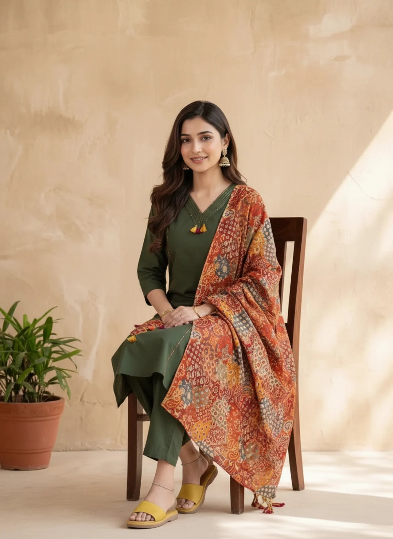 Green Cotton Kurta Palazzo Suit Set with Patchwork Designs and Paisley Print