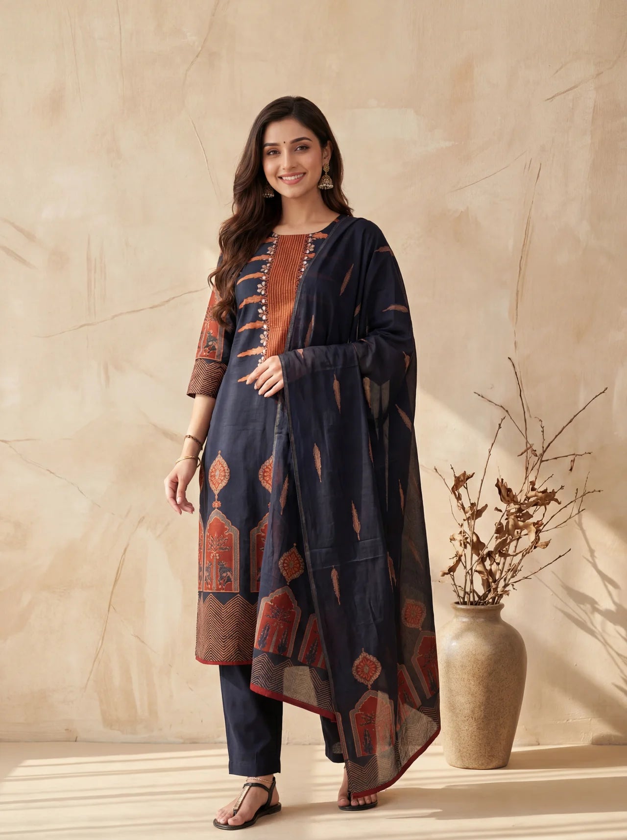 Dark Blue and Maroon Cotton Kurta Palazzo Suit Set with Vertical Striped Border and Floral Embroidery