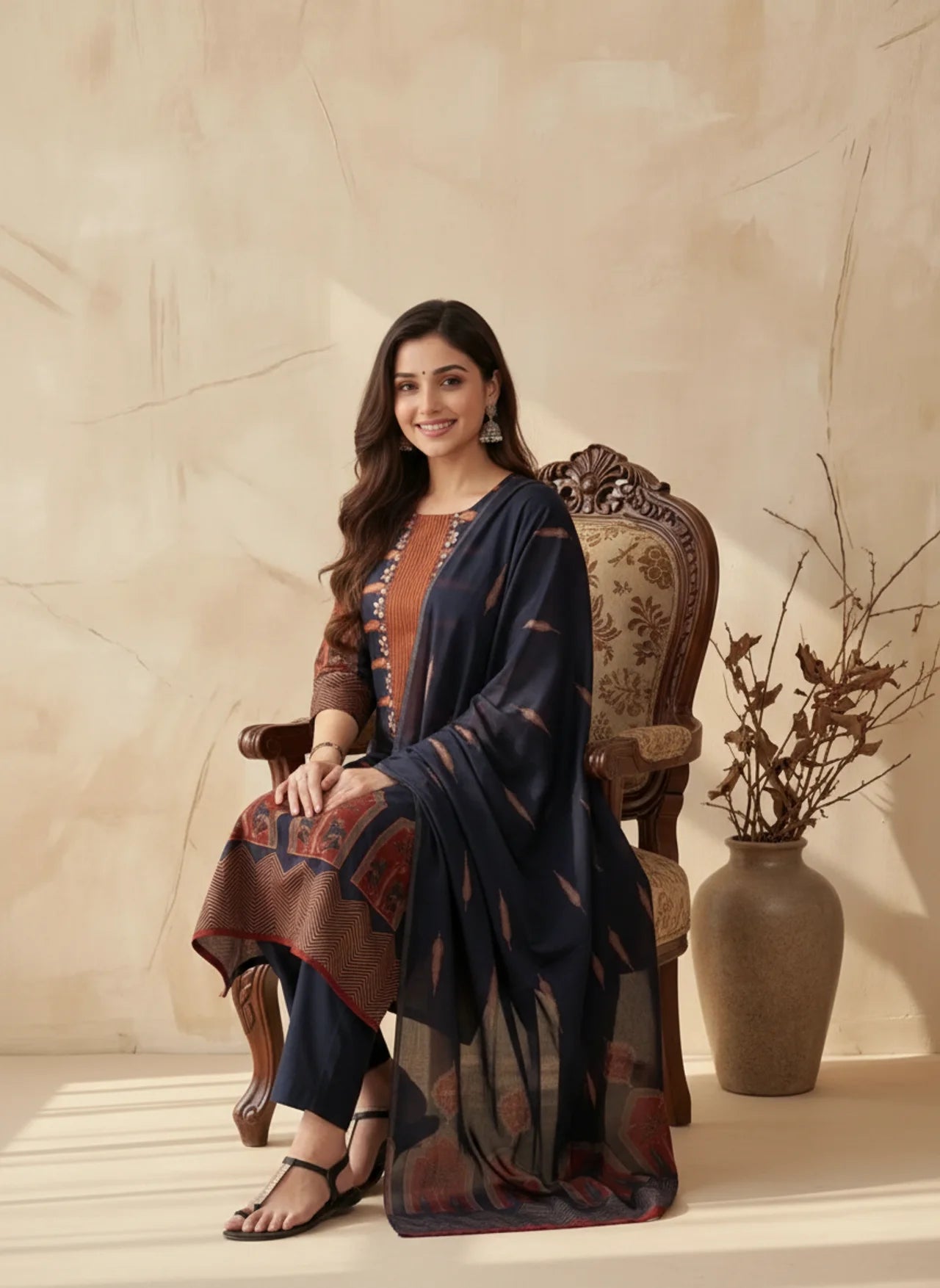 Dark Blue and Maroon Cotton Kurta Palazzo Suit Set with Vertical Striped Border and Floral Embroidery