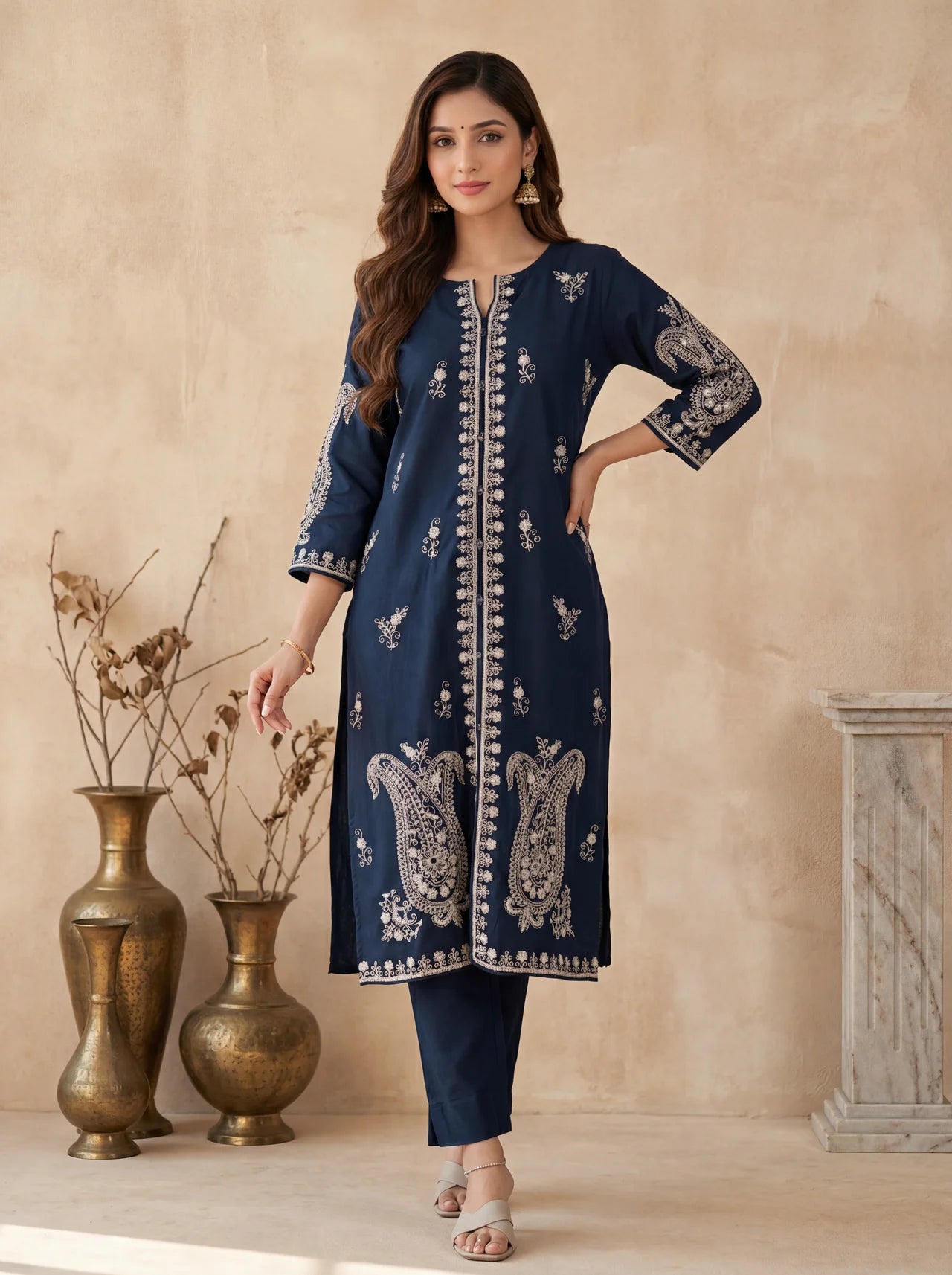 Navy Blue Cotton Flex Hand-Embroidered Floral Kurta Palazzo Set