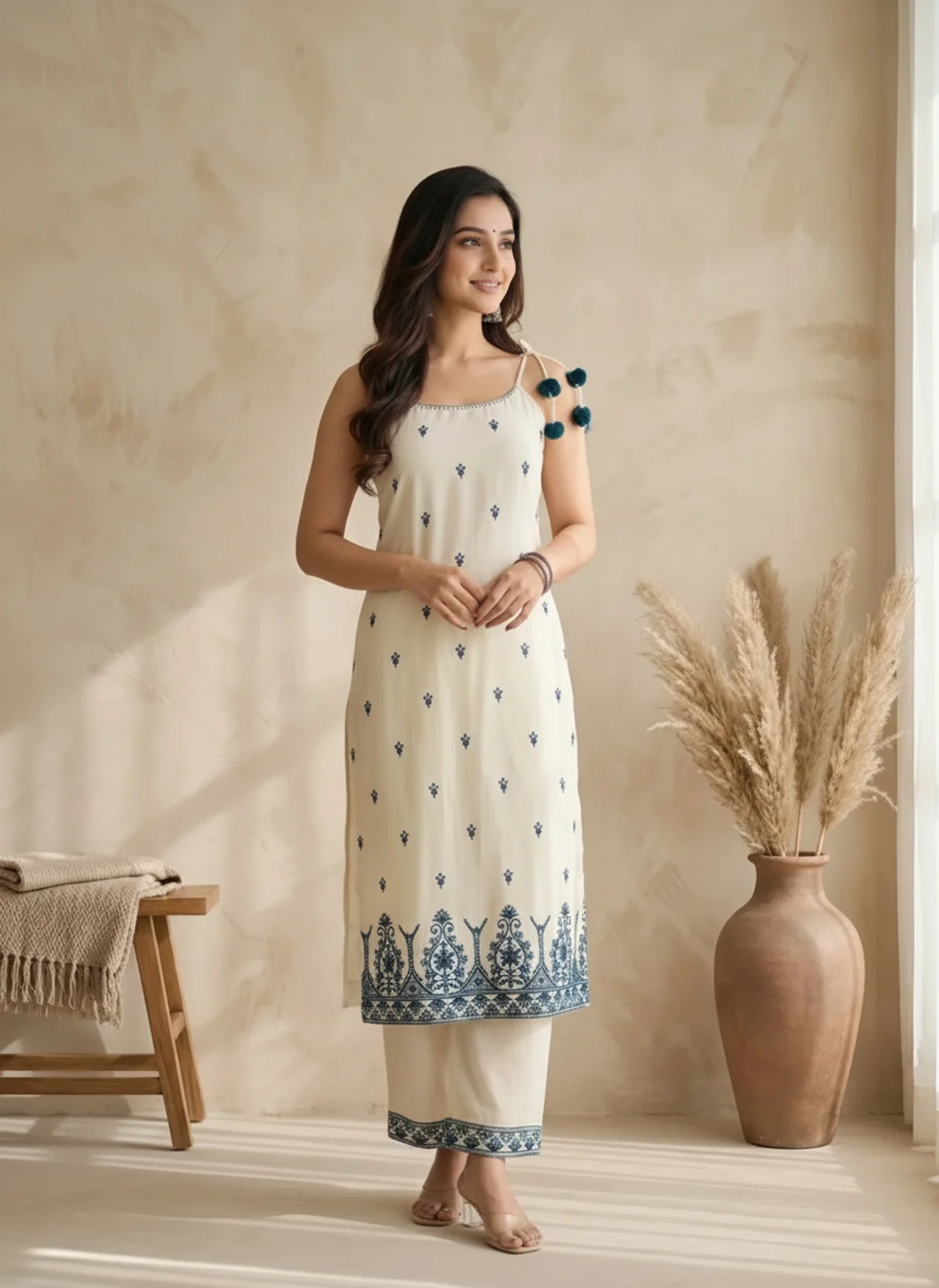 White Thread Work Sleeveless Kurti Set