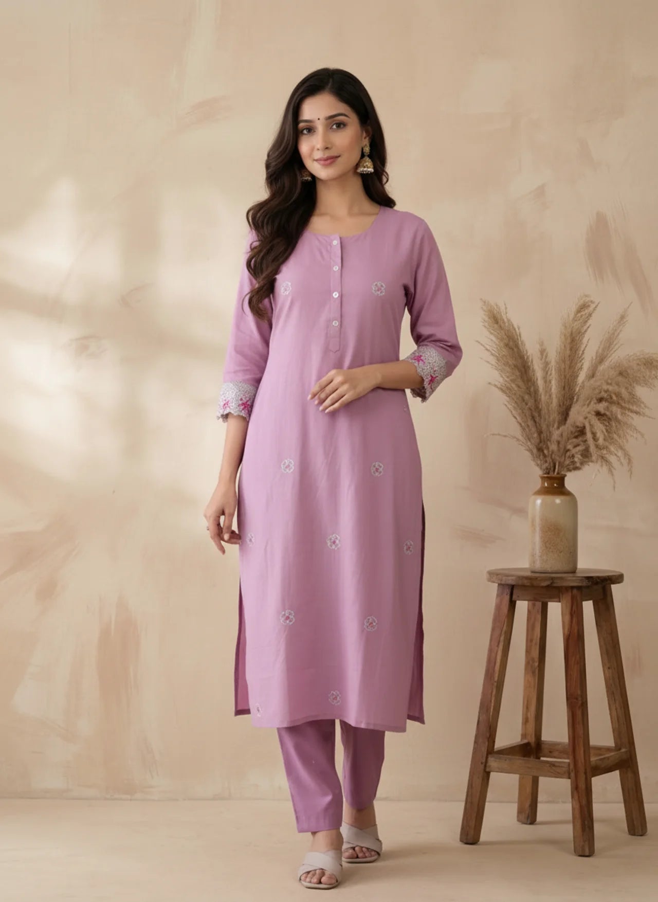 Purple Mul Chanderi Suit Set with Floral Motifs
