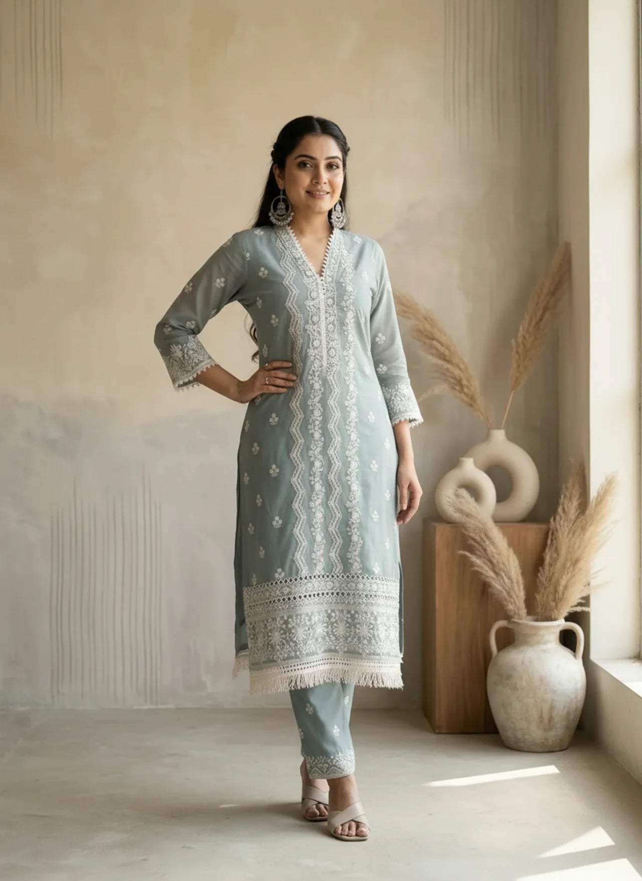 Grey Cotton Kurta Pant Set with Thread Work