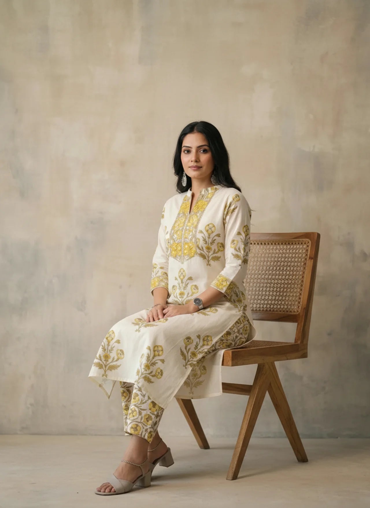 White and Yellow Cotton Straight Kurta Pant Set
