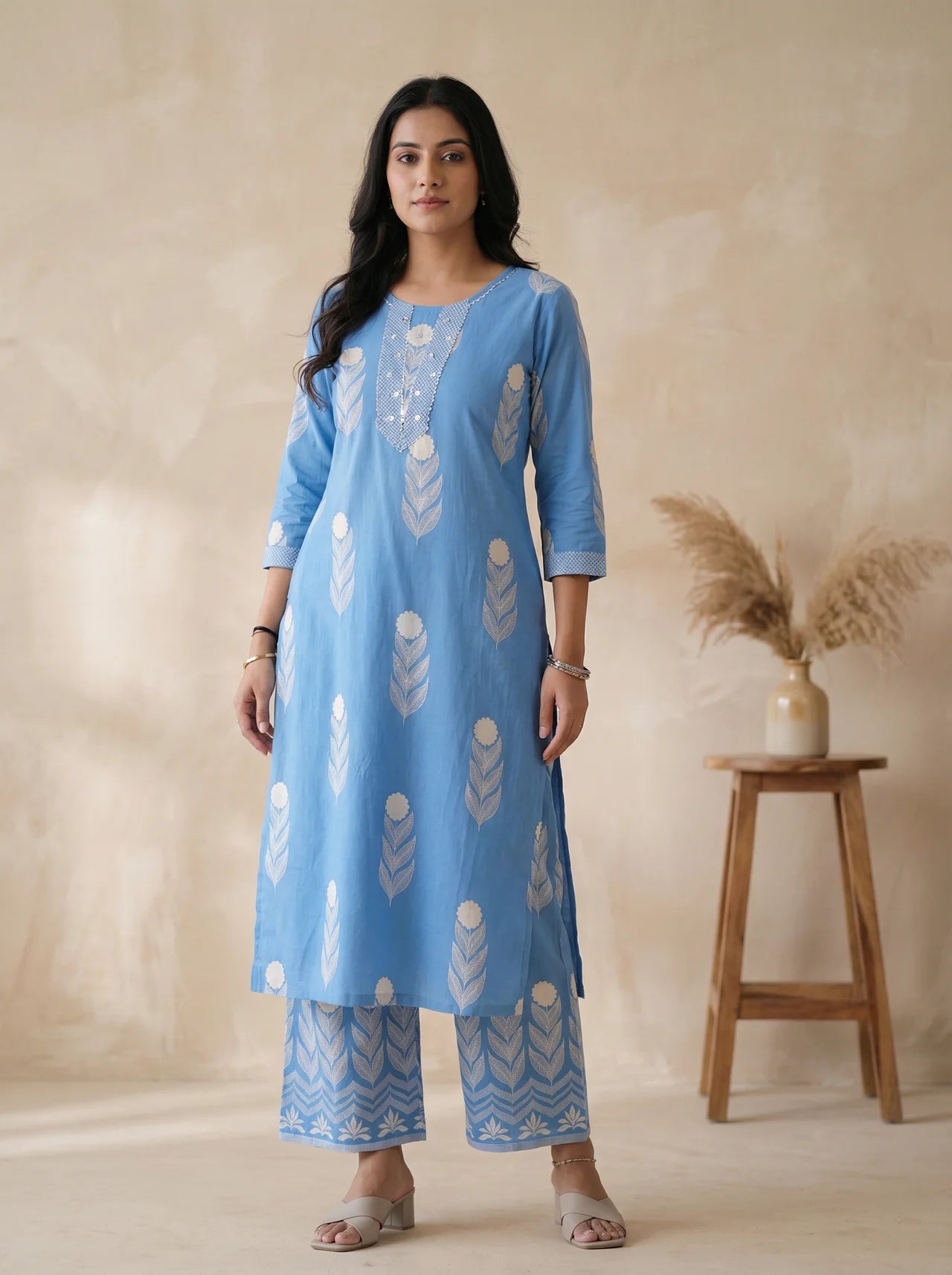 Blue Cotton Straight Kurta Pant Set