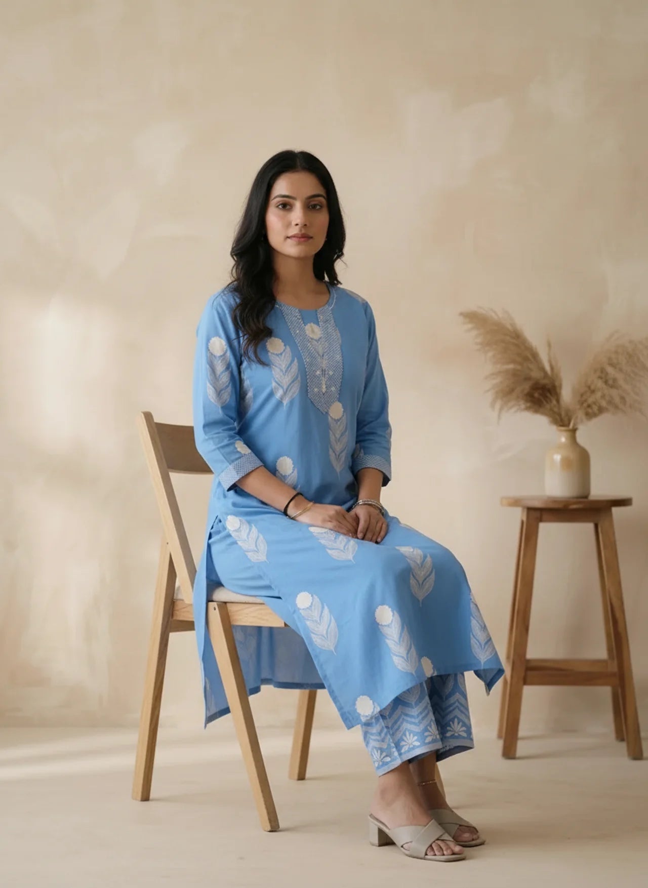 Blue Cotton Straight Kurta Pant Set