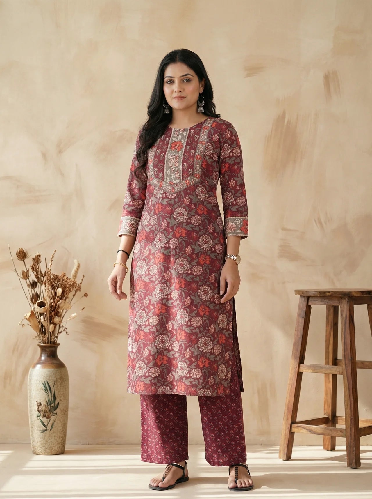 Maroon Cotton Straight Kurta Pant Set