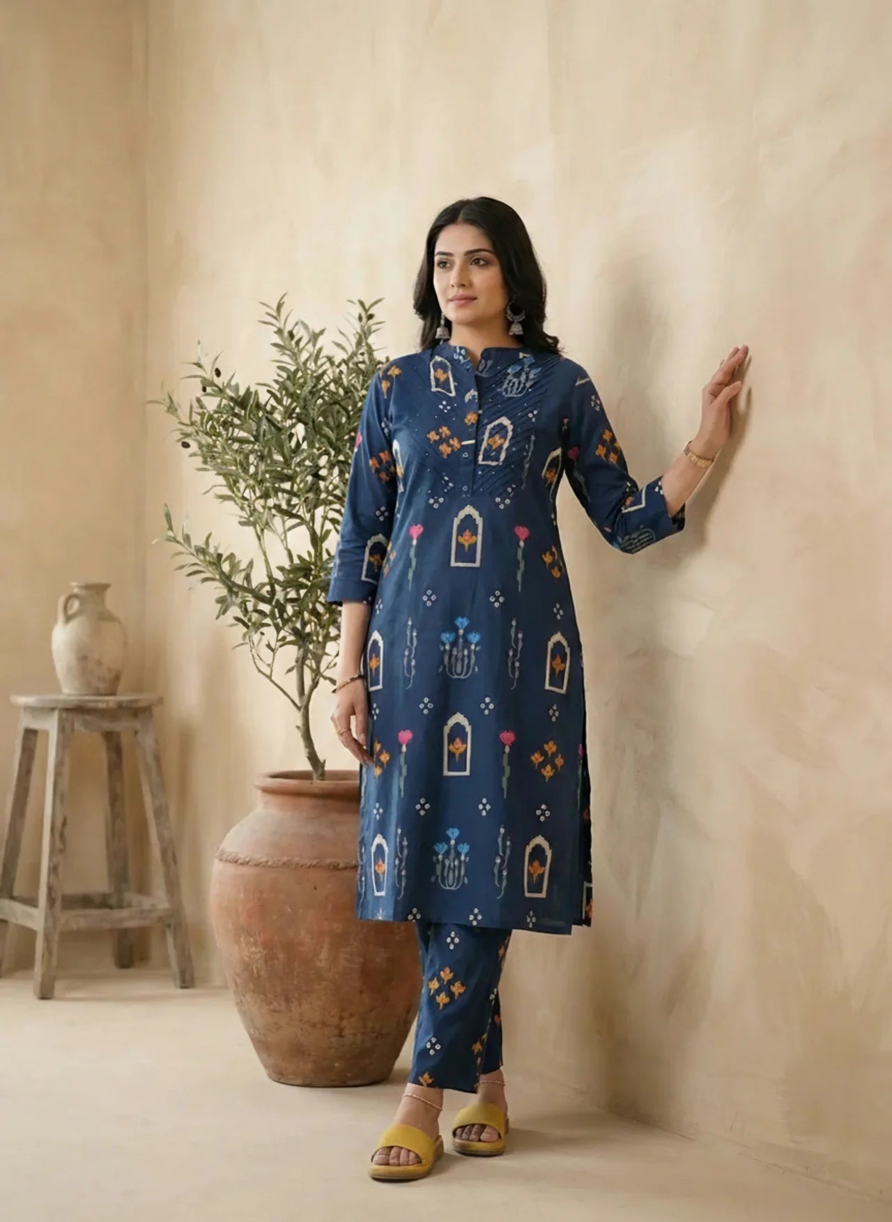 Navy Blue Cotton Kurta Palazzo Set
