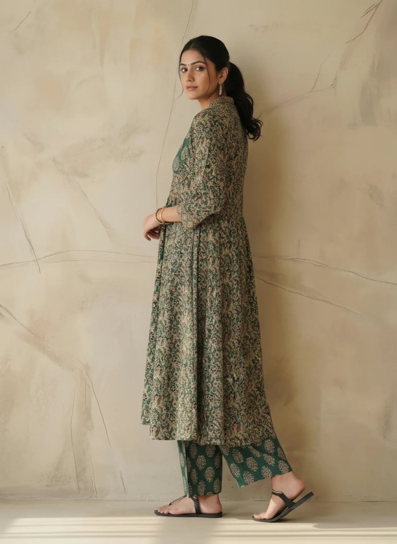 Green & Red A-Line Kurta Pant Set