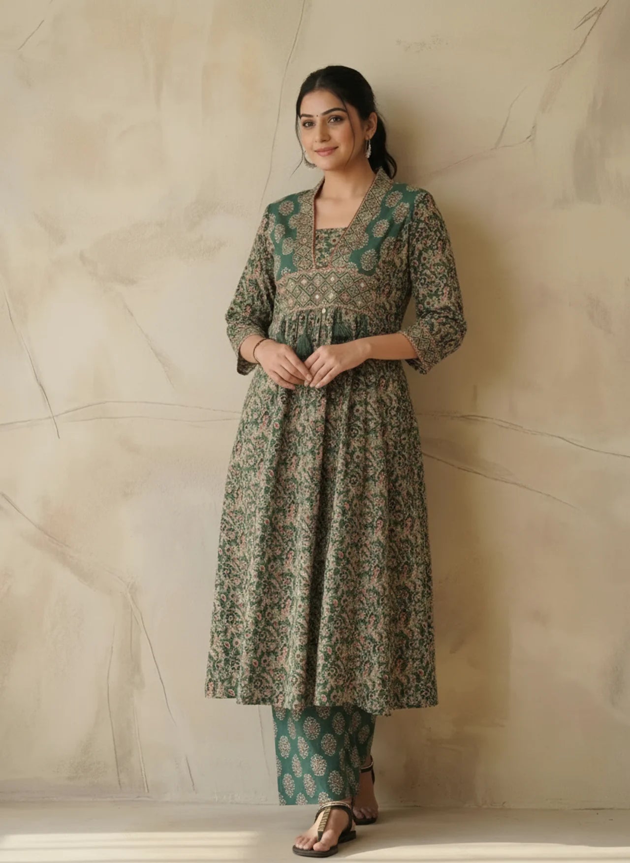 Green & Red A-Line Kurta Pant Set