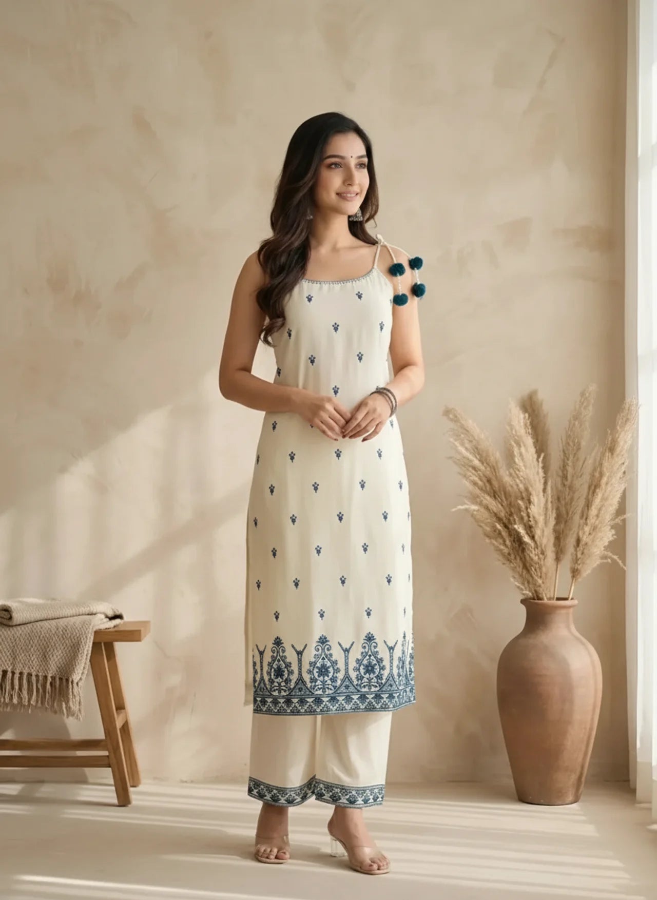 White Thread Work Sleeveless Kurti Pant Set
